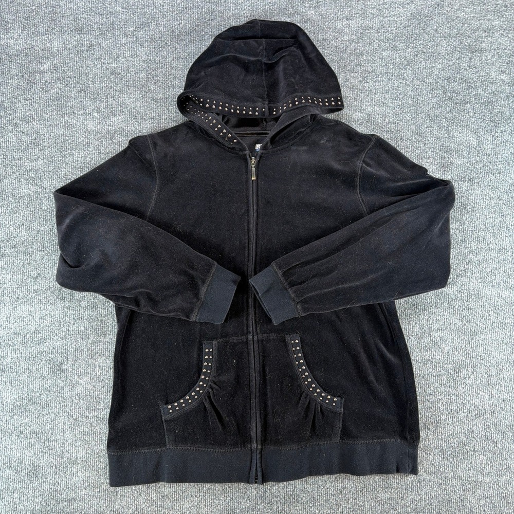 SB Active Womens Black Velour Studded Zip Up Hoodie Sweatshirt Large Y2K‎ Style